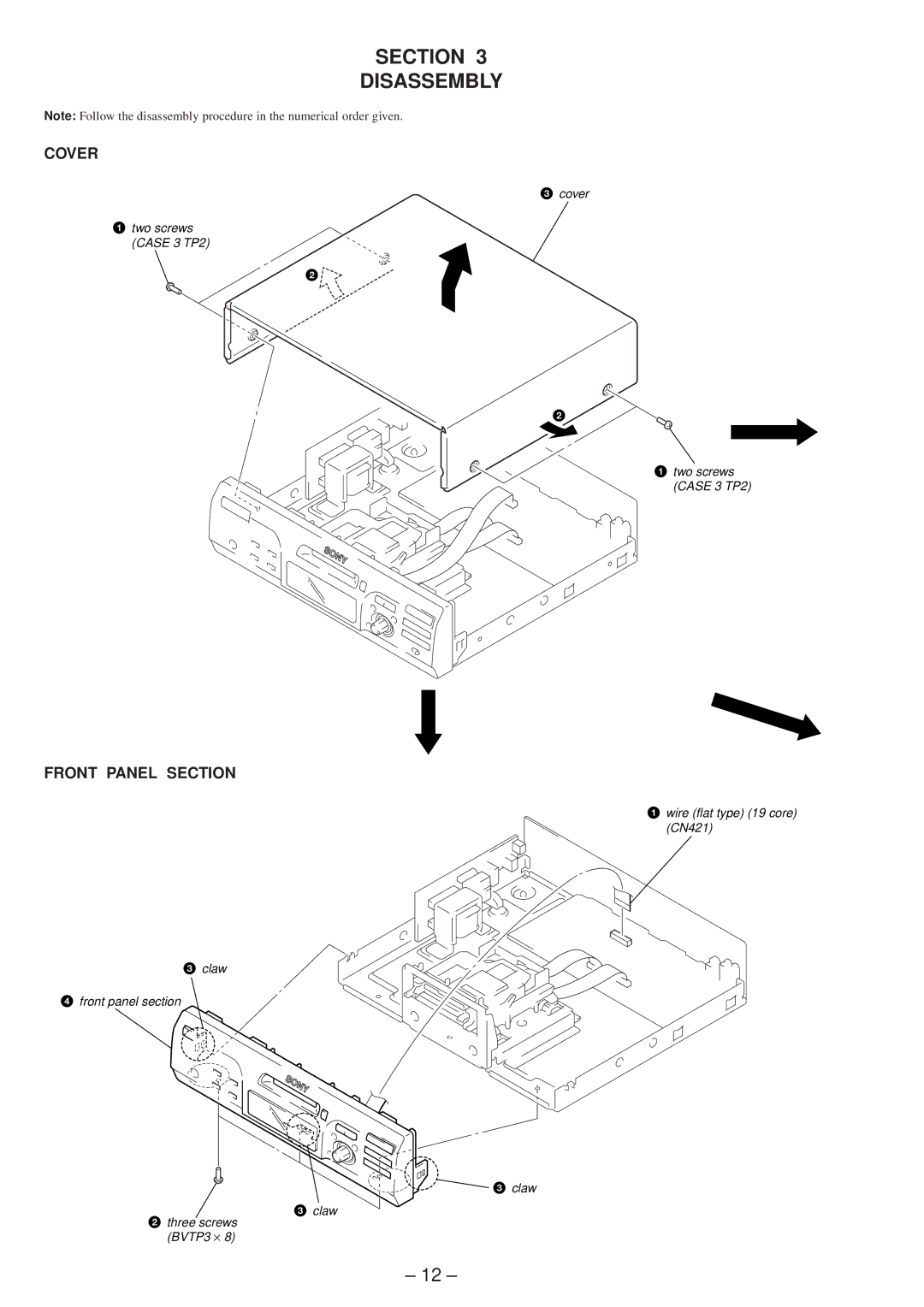 Sony 4-216-840-0 service manual Section Disassembly, Cover, Front Panel Section 