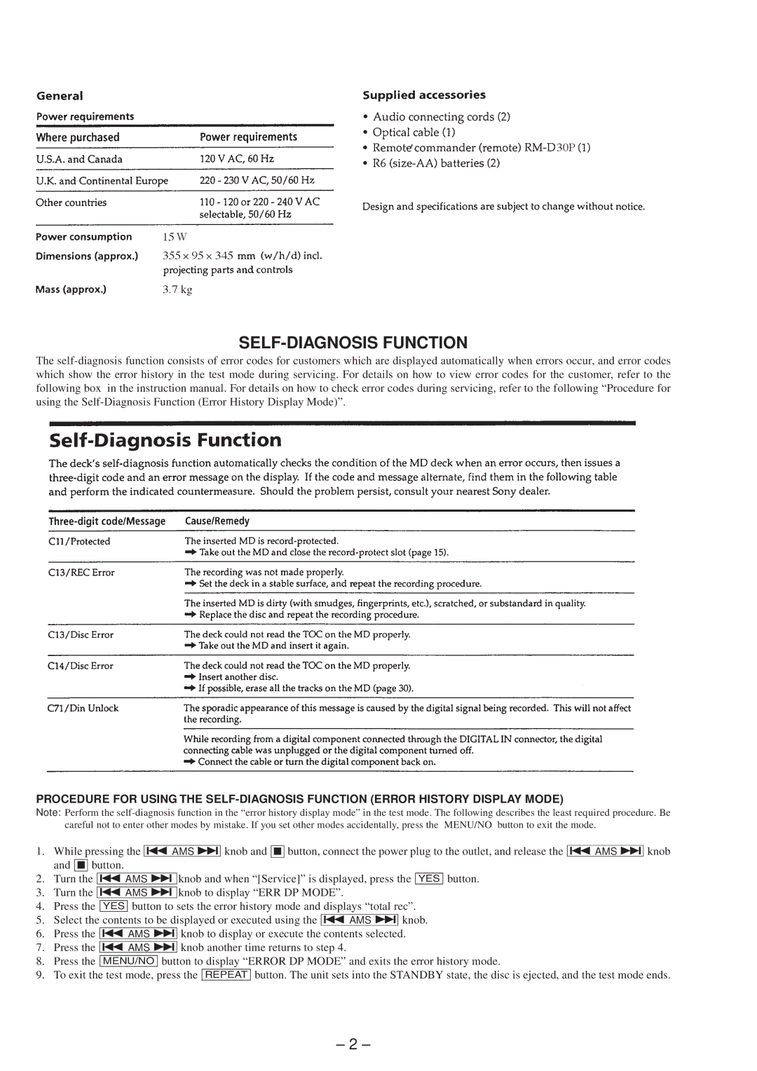 Sony 4-216-840-0 service manual SELF-DIAGNOSIS Function 