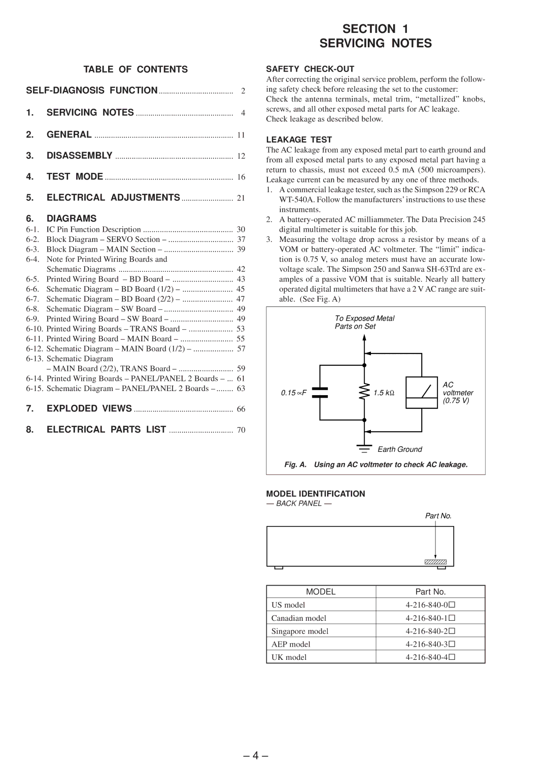 Sony 4-216-840-0 service manual Section Servicing Notes, Table of Contents, Diagrams 