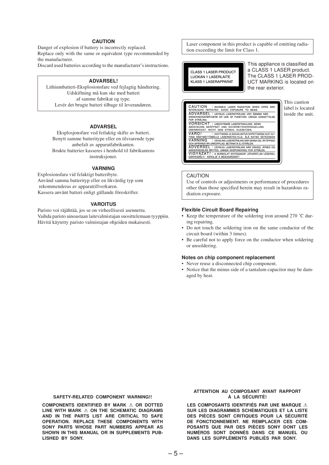 Sony 4-216-840-0 service manual Varning, Flexible Circuit Board Repairing 