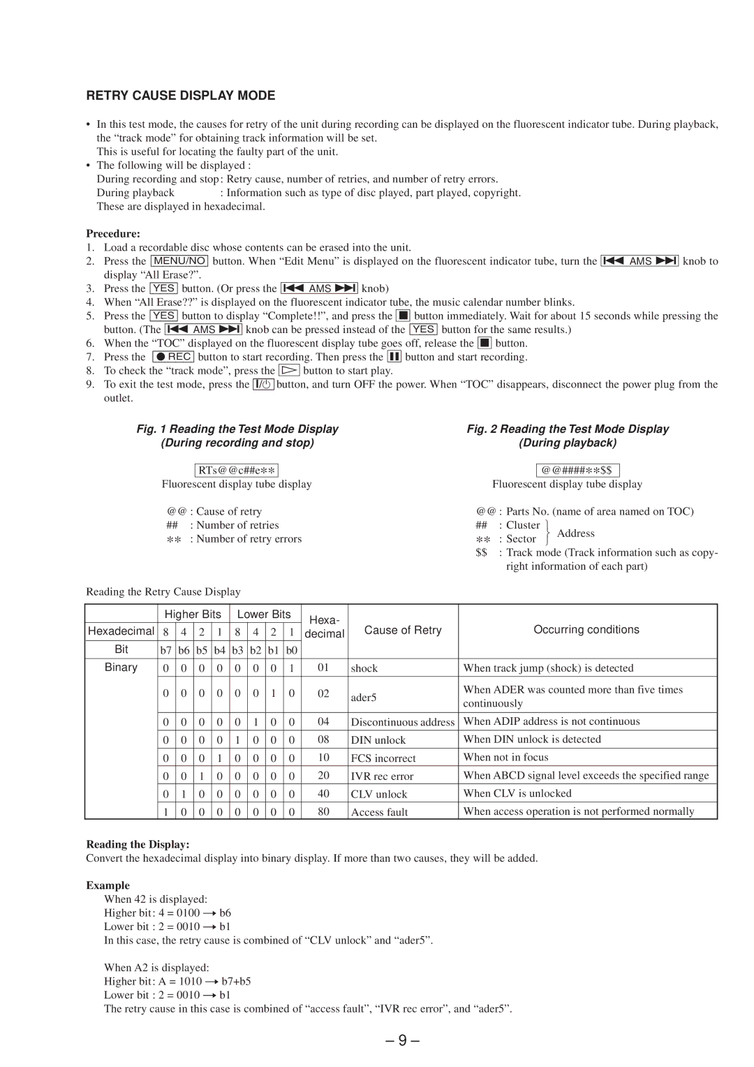 Sony 4-216-840-0 service manual Retry Cause Display Mode, Precedure 