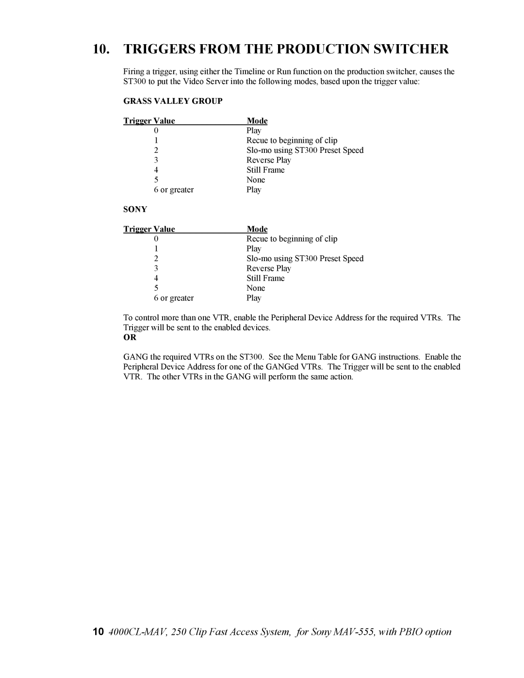 Sony 4000CL-MAV-PBIO user manual Triggers from the Production Switcher, Grass Valley Group, Sony 