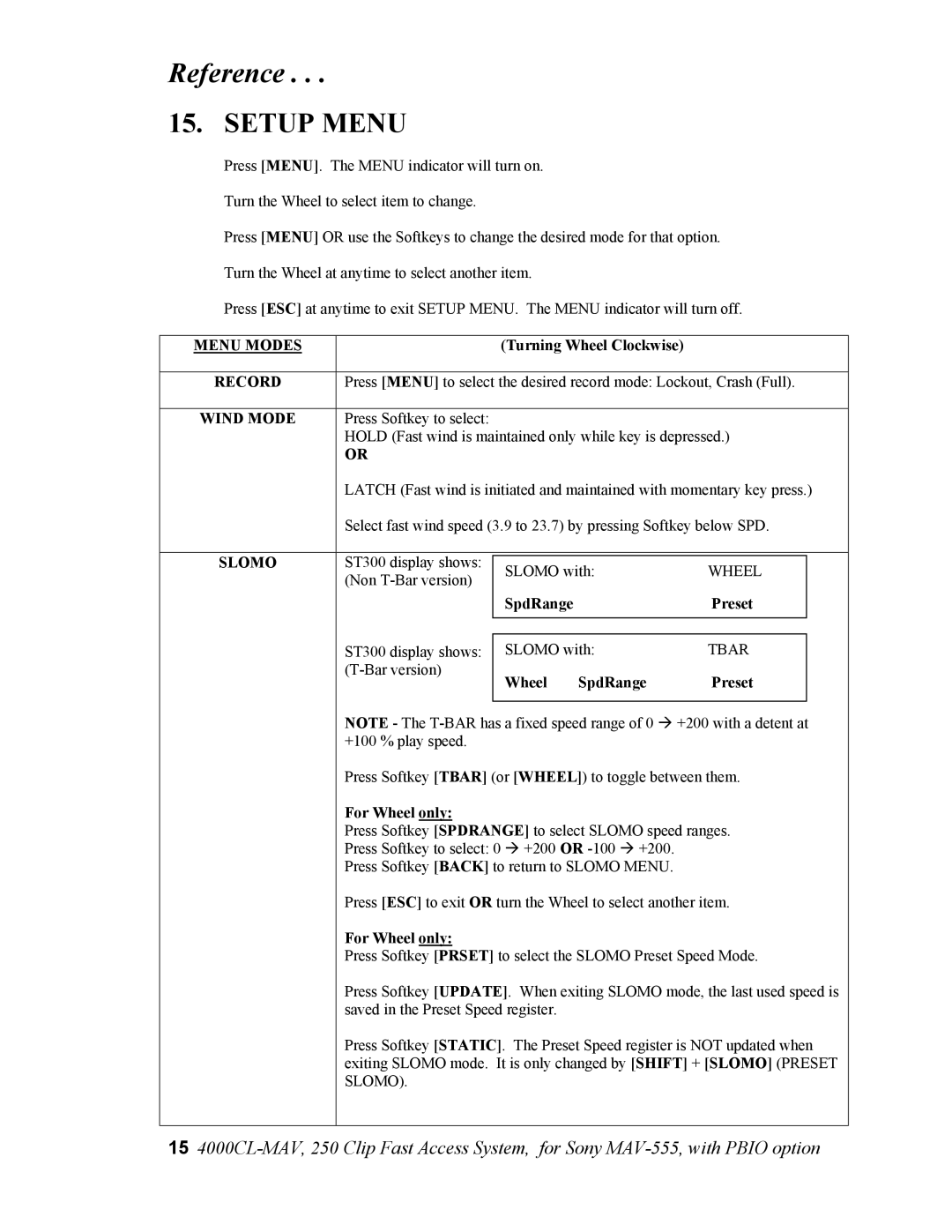 Sony 4000CL-MAV-PBIO user manual Reference, Menu Modes, Record, Wind Mode, Slomo 