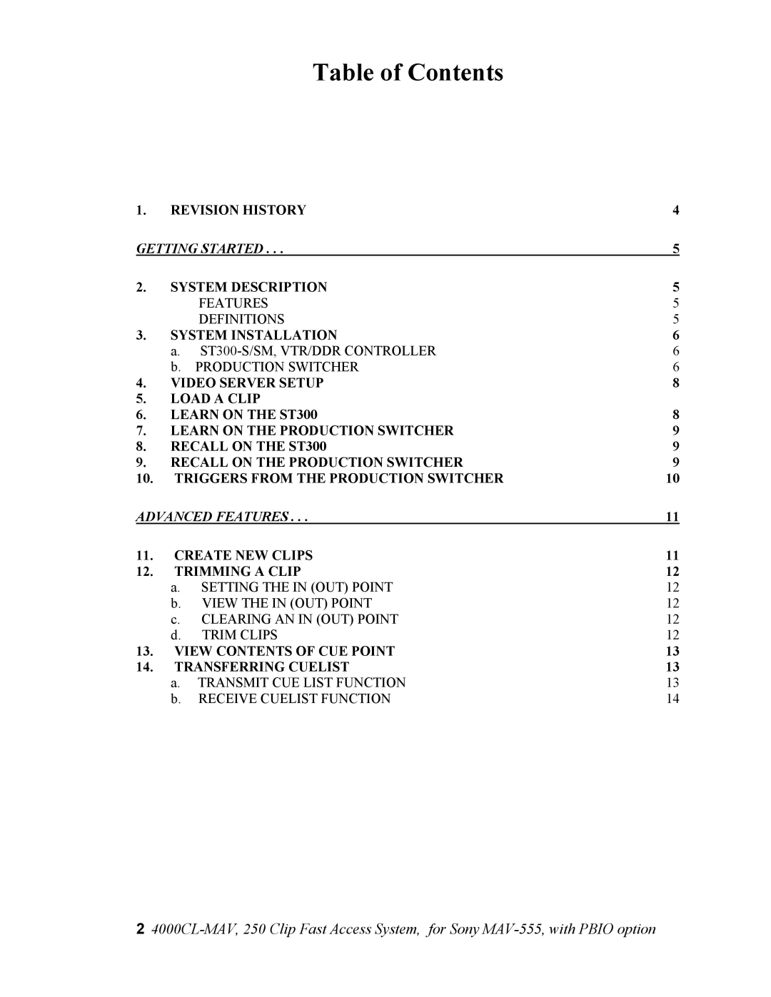 Sony 4000CL-MAV-PBIO user manual Table of Contents 