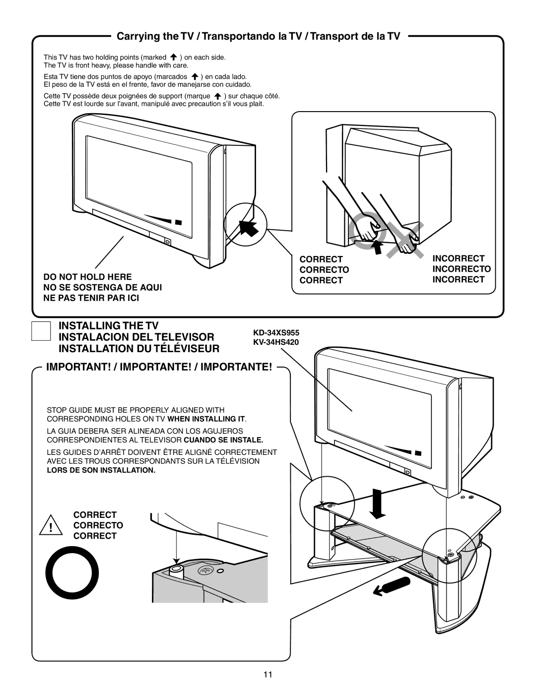 Sony SU-34HX1, 414 manual Carrying the TV / Transportando la TV / Transport de la TV, IMPORTANT! / IMPORTANTE! / Importante 