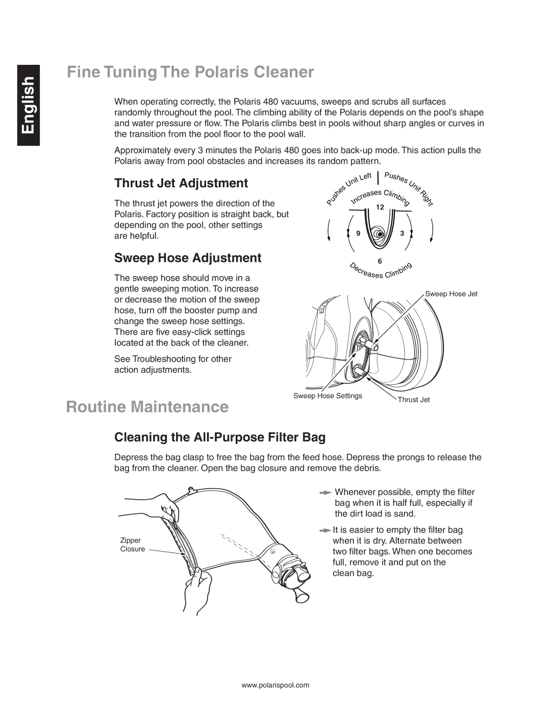 Sony 480 owner manual Fine Tuning The Polaris Cleaner, Routine Maintenance, Thrust Jet Adjustment, Sweep Hose Adjustment 