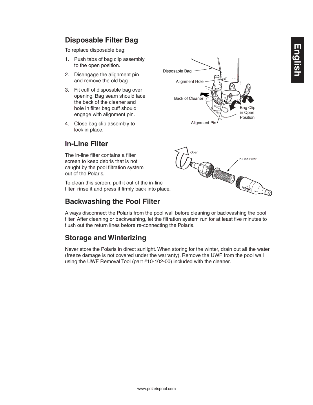 Sony 480 owner manual Disposable Filter Bag, In-Line Filter, Backwashing the Pool Filter, Storage and Winterizing 