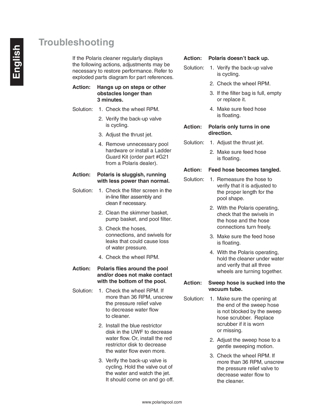 Sony 480 owner manual Troubleshooting, Action Polaris doesn’t back up, Action Polaris only turns in one direction 