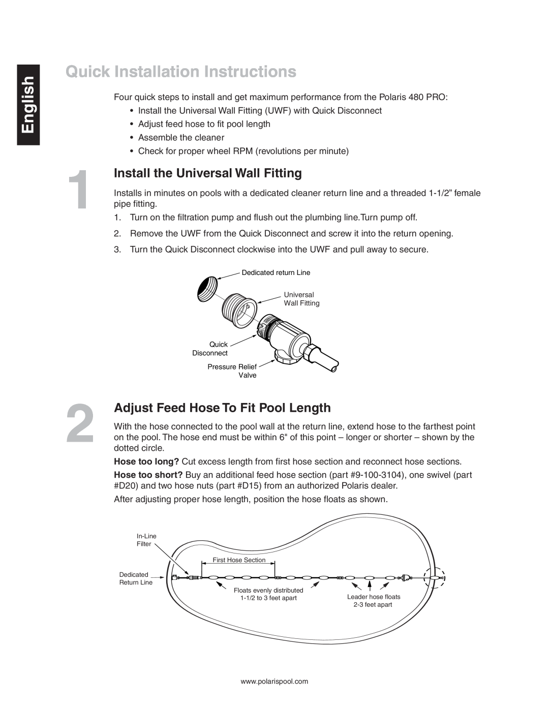 Sony 480 Install the Universal Wall Fitting, Adjust Feed Hose To Fit Pool Length, English, Quick Installation Instructions 