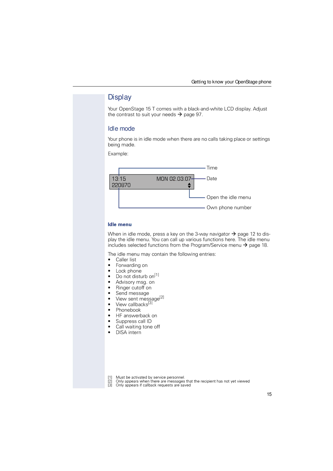 Sony 500 manual Display, Idle mode, Idle menu 