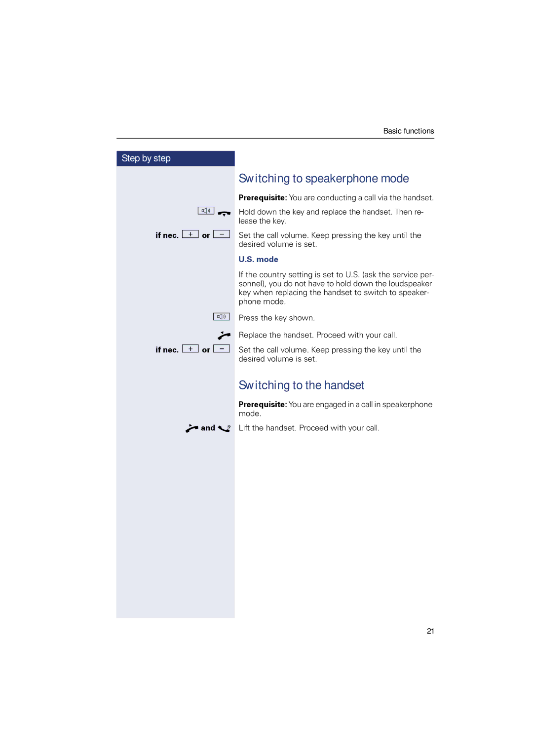 Sony 500 manual Switching to speakerphone mode, Switching to the handset, Mode 