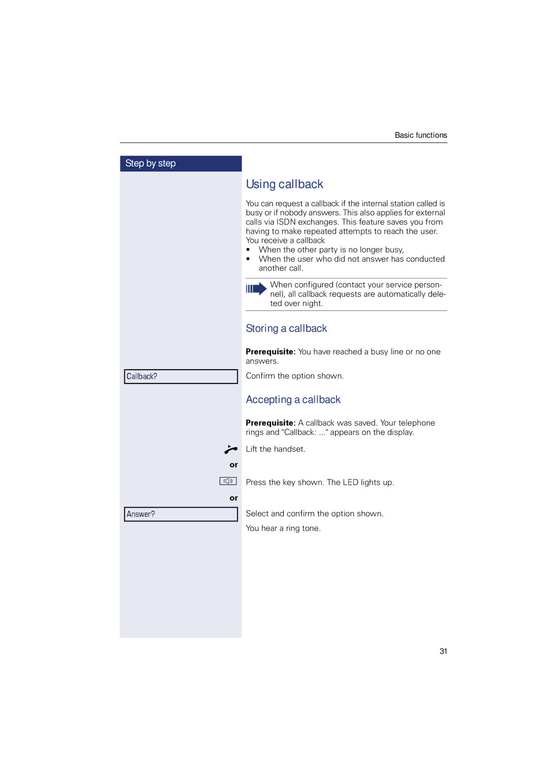 Sony 500 manual Using callback, Storing a callback, Accepting a callback 