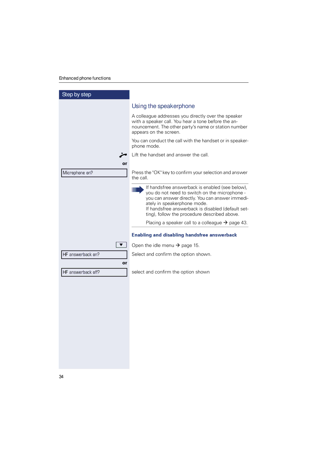 Sony 500 manual Using the speakerphone, Enabling and disabling handsfree answerback 