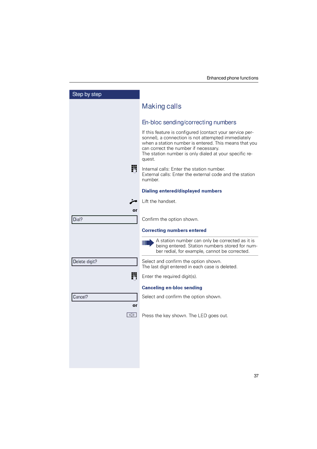 Sony 500 manual En-bloc sending/correcting numbers, Dialing entered/displayed numbers, Correcting numbers entered 