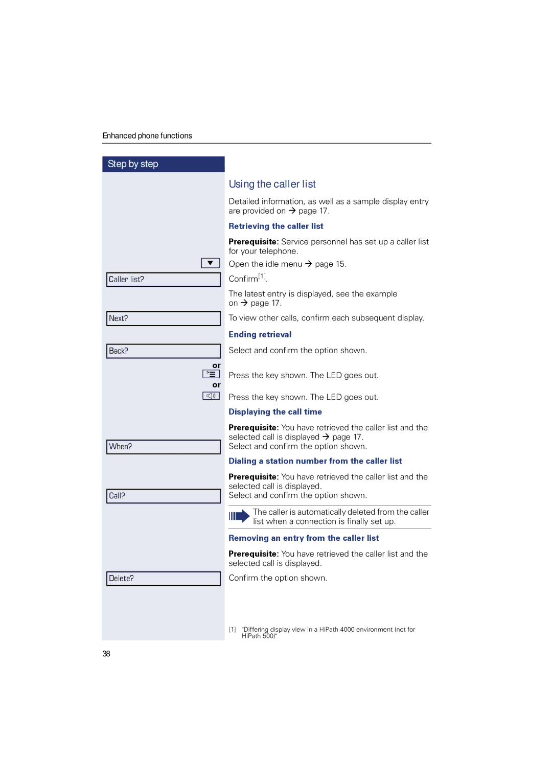 Sony 500 manual Using the caller list, Retrieving the caller list, Displaying the call time 