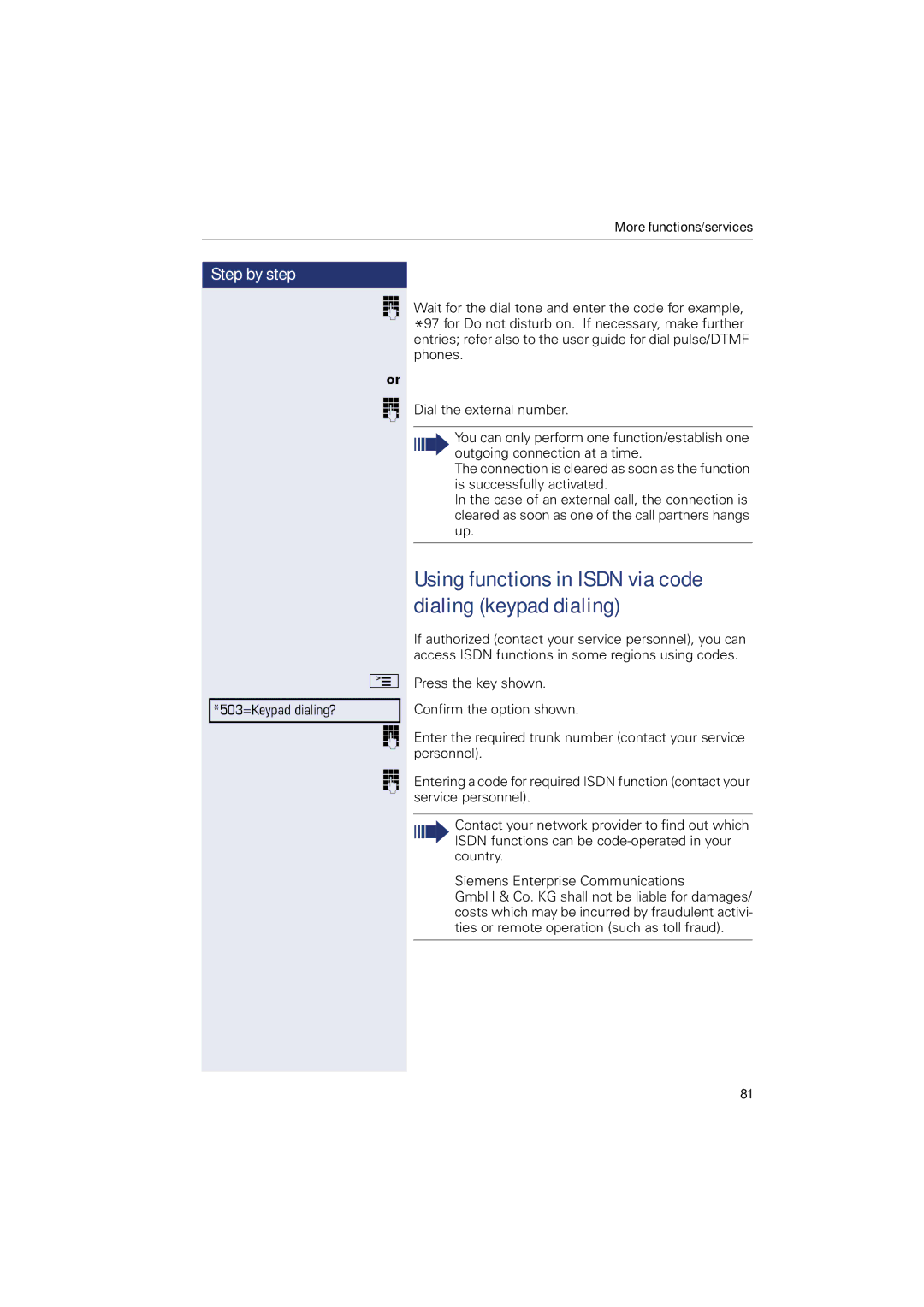 Sony 500 manual Using functions in Isdn via code dialing keypad dialing 