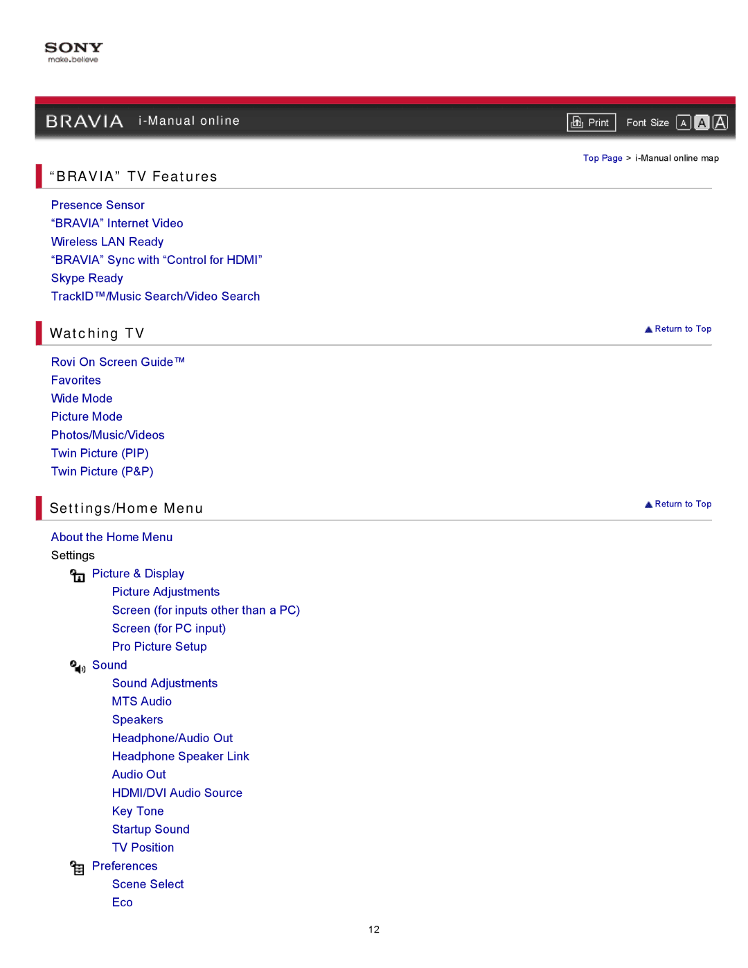 Sony 55EX620, 46EX621, 46EX620, 40EX621 manual Top Page i-Manual online map 