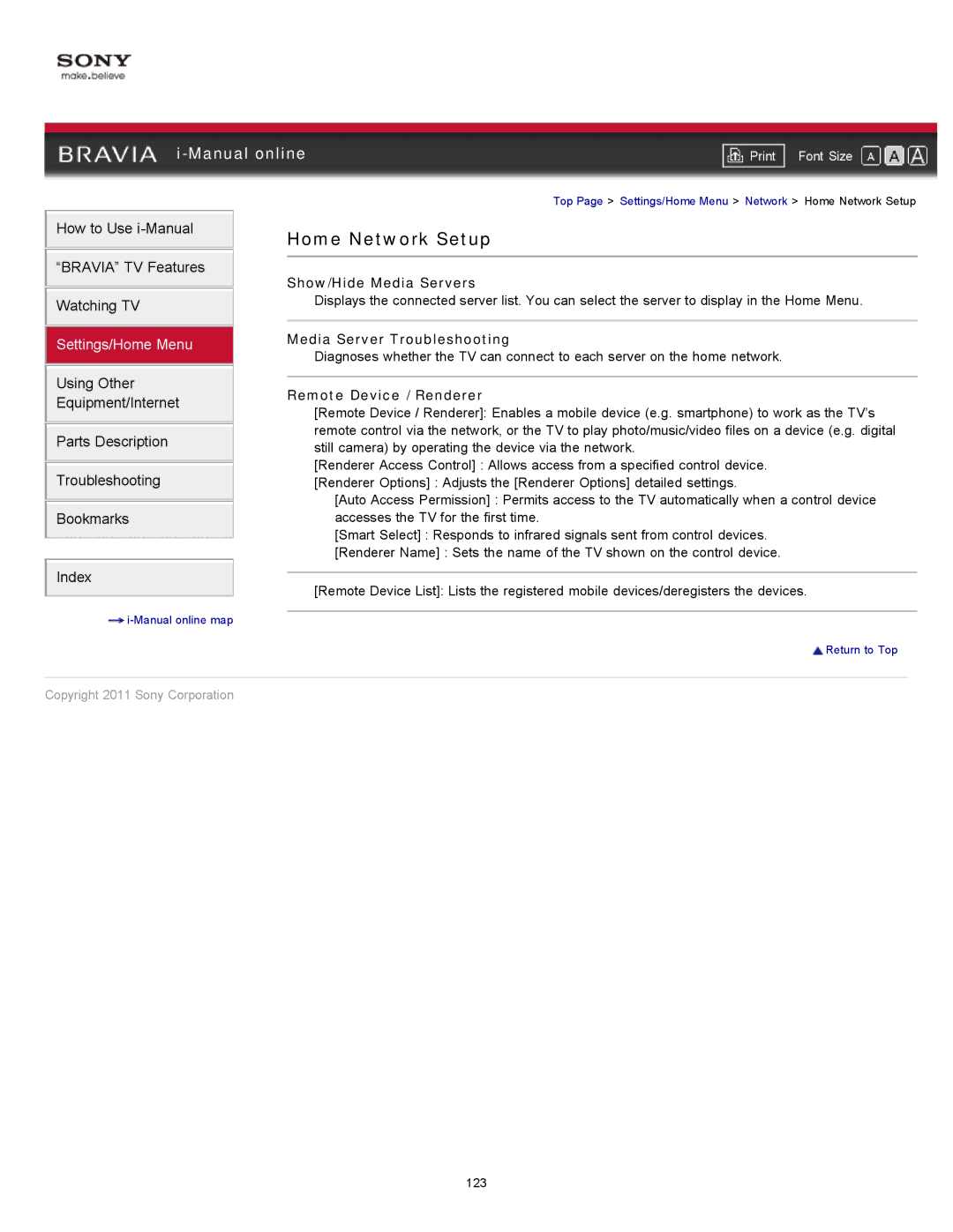 Sony 40EX621, 55EX620 Home Network Setup, Show/Hide Media Servers, Media Server Troubleshooting, Remote Device / Renderer 