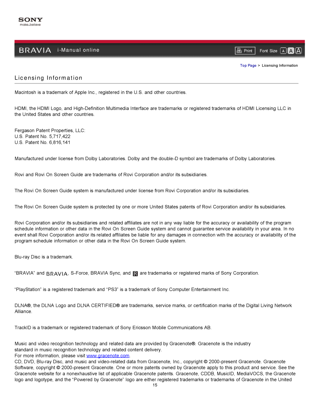 Sony 40EX621, 55EX620, 46EX621, 46EX620 manual Licensing Information 