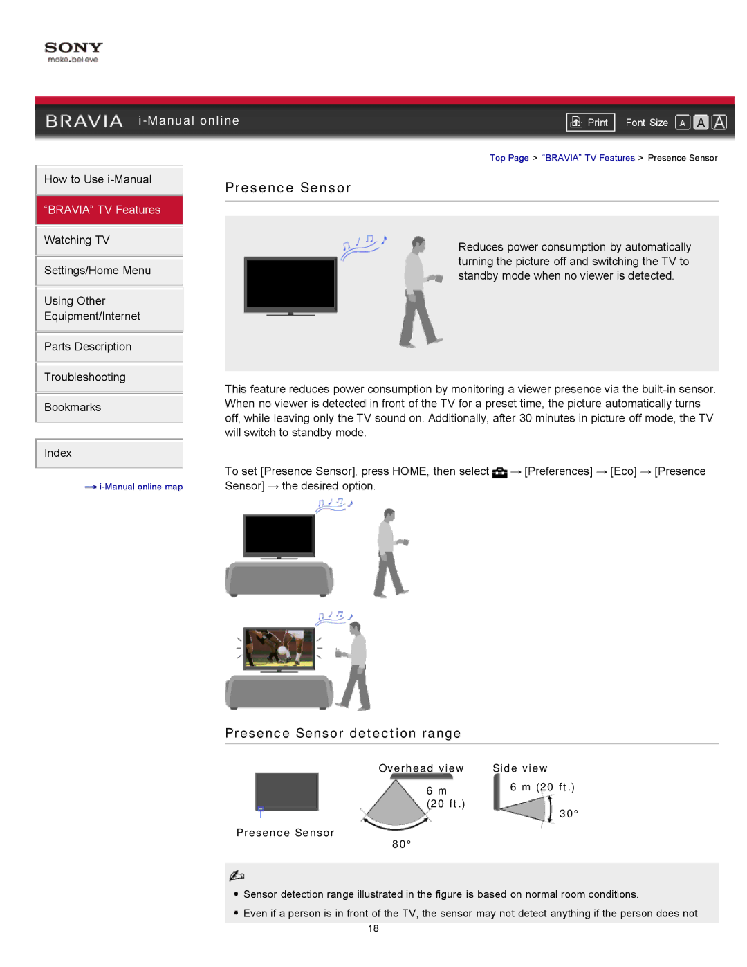 Sony 46EX620, 55EX620, 46EX621, 40EX621 manual Presence Sensor detection range, Overhead view Side view 20 ft 