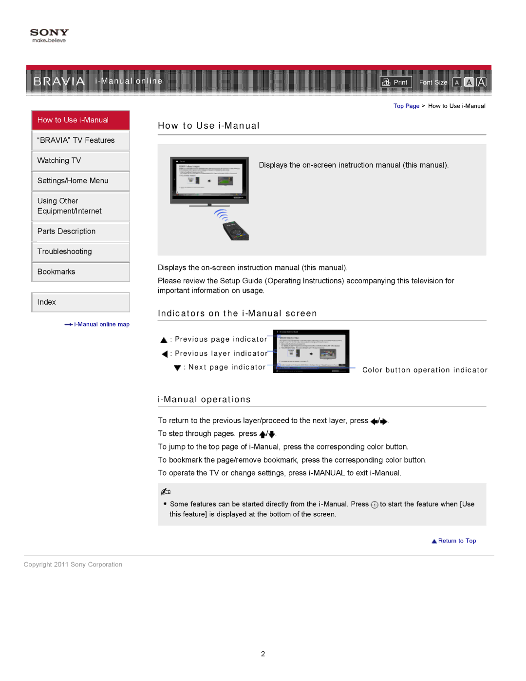 Sony 46EX620, 55EX620, 46EX621, 40EX621 manual How to Use i-Manual, Indicators on the i-Manual screen 