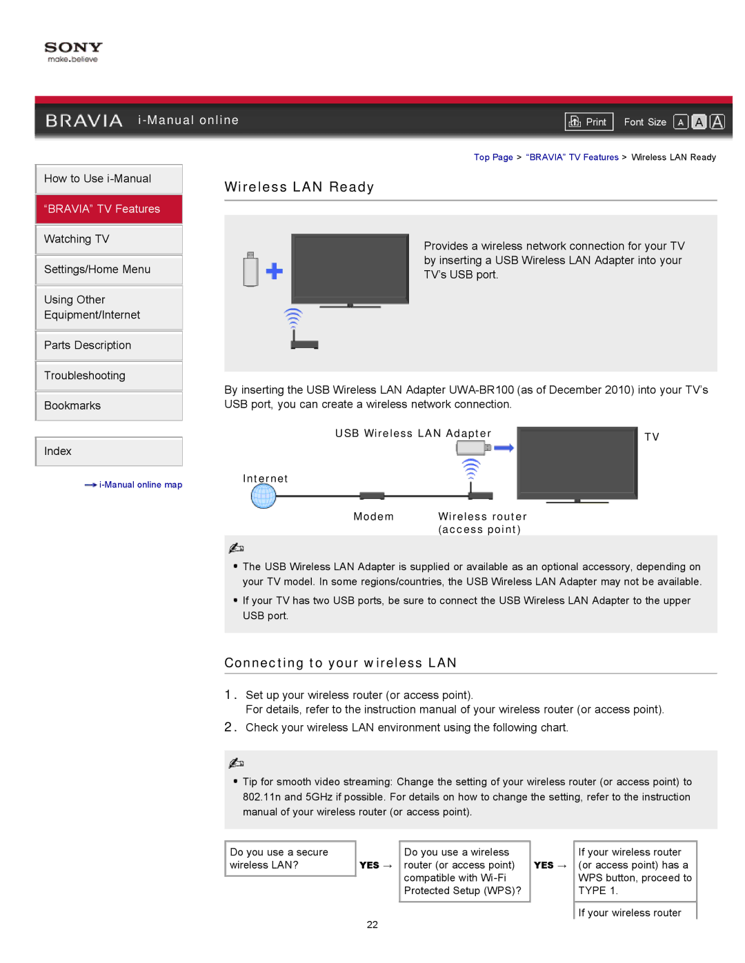 Sony 46EX620, 55EX620, 46EX621, 40EX621 manual Wireless LAN Ready, Connecting to your wireless LAN 