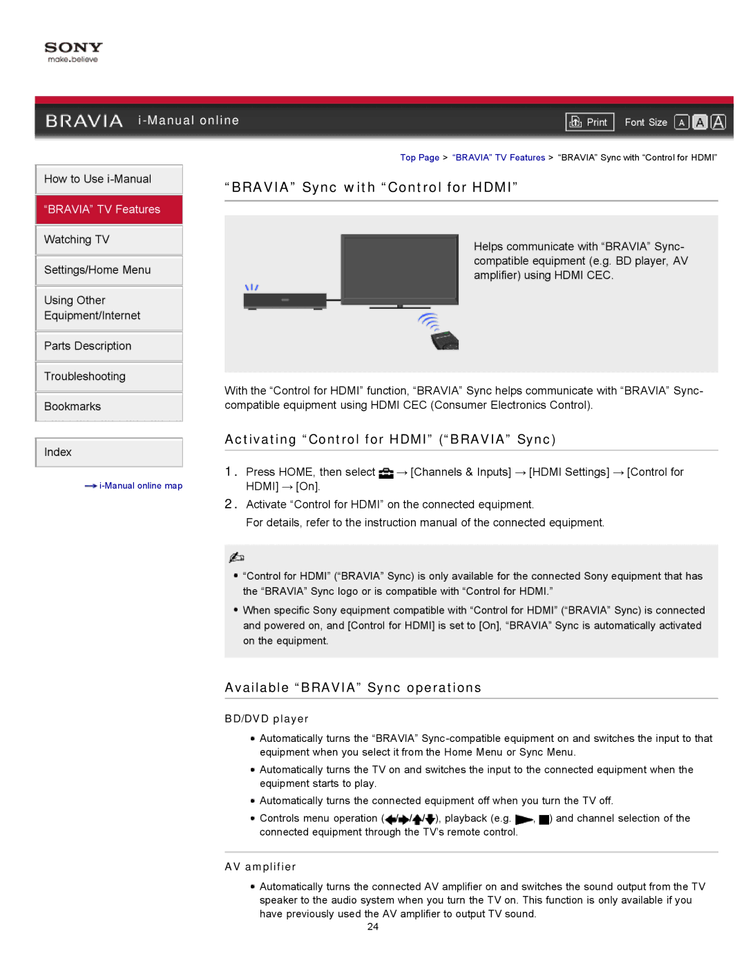 Sony 55EX620 Bravia Sync with Control for Hdmi, Activating Control for Hdmi Bravia Sync, Available Bravia Sync operations 