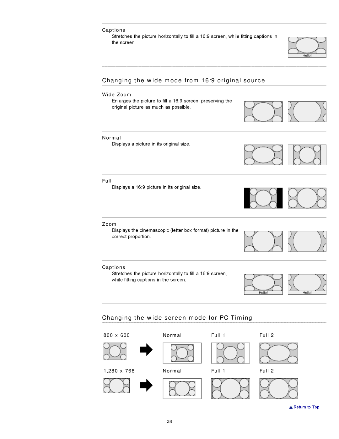 Sony 46EX620 manual Changing the wide mode from 169 original source, Changing the wide screen mode for PC Timing, Captions 