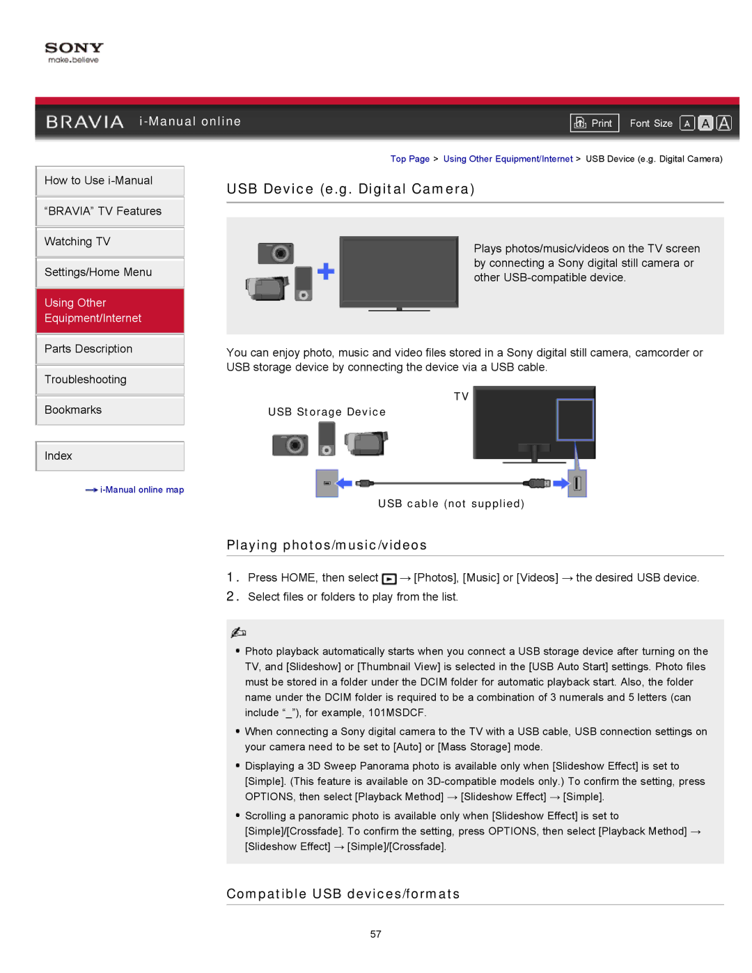 Sony 46EX621, 55EX620, 46EX620 USB Device e.g. Digital Camera, Playing photos/music/videos, Compatible USB devices/formats 