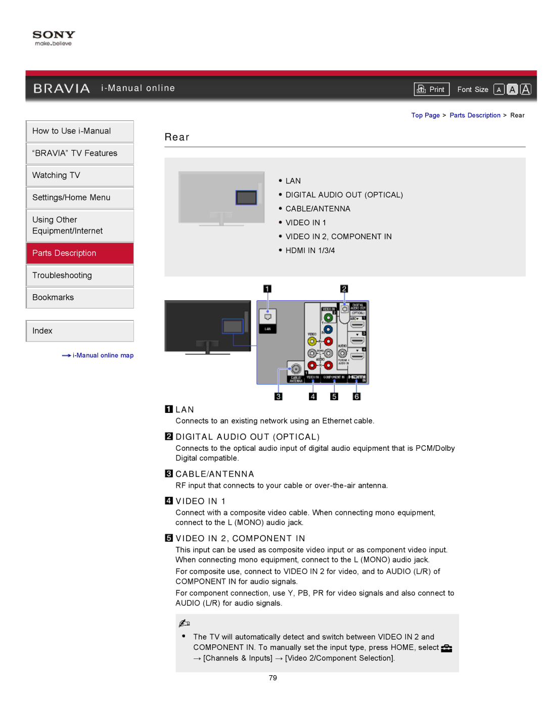 Sony 40EX621, 55EX620, 46EX621, 46EX620 manual Rear, Lan, Digital Audio OUT Optical, Cable/Antenna, Video in 2, Component 