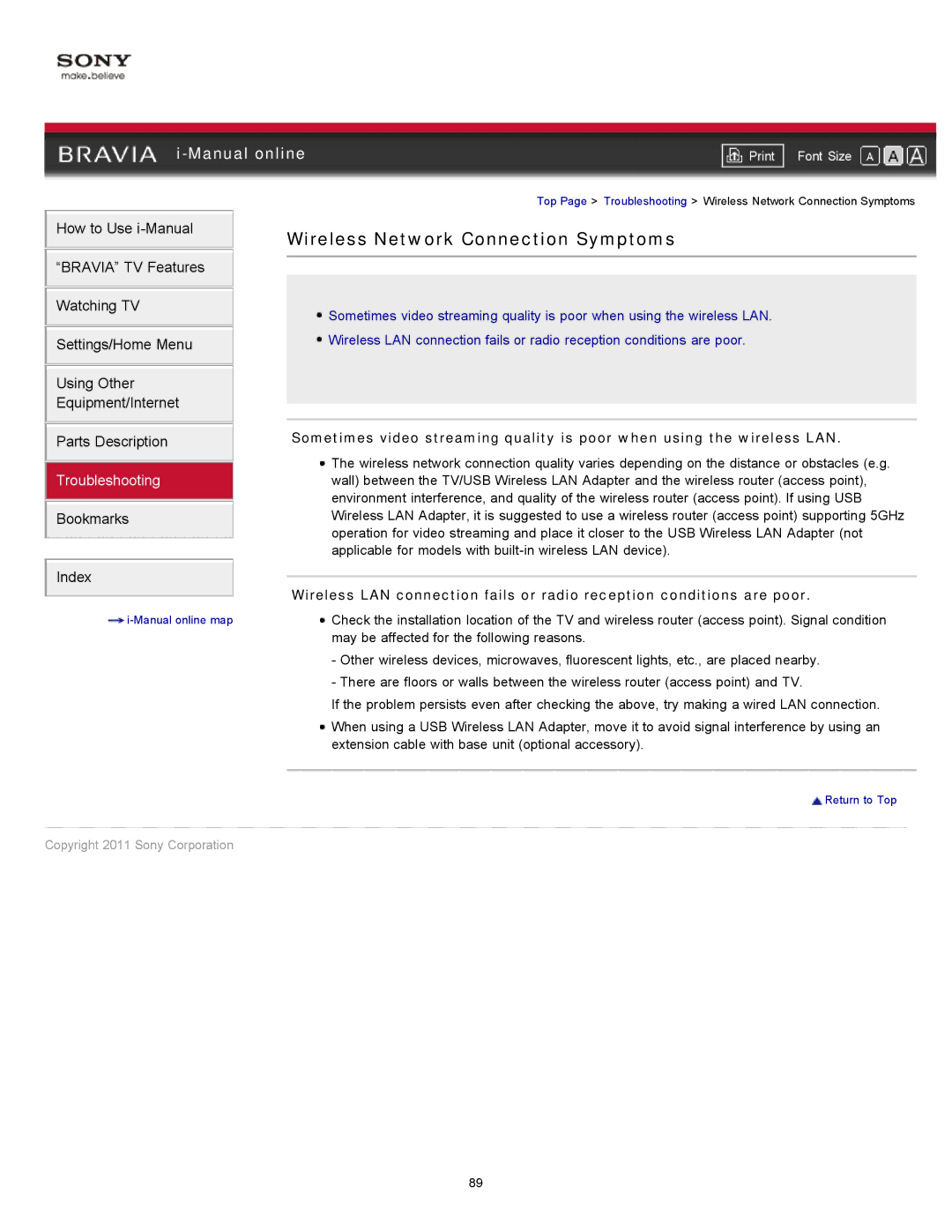 Sony 46EX621, 55EX620, 46EX620, 40EX621 manual Wireless Network Connection Symptoms, May be affected for the following reasons 