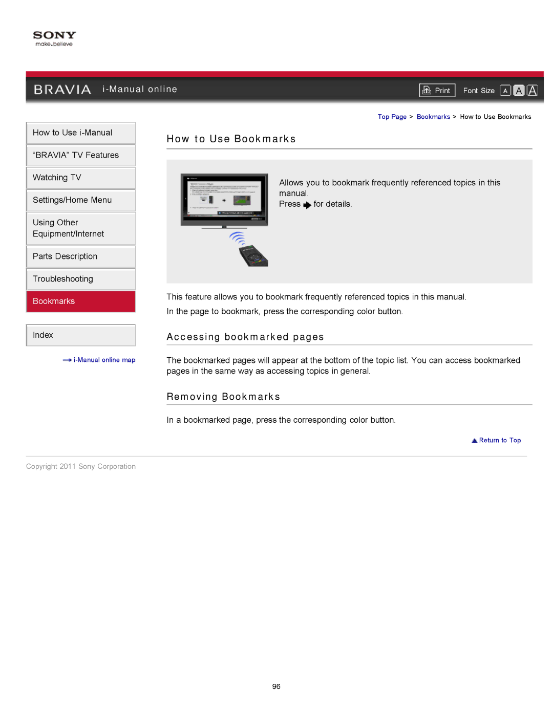 Sony 55EX620, 46EX621, 46EX620, 40EX621 manual How to Use Bookmarks, Accessing bookmarked pages, Removing Bookmarks 