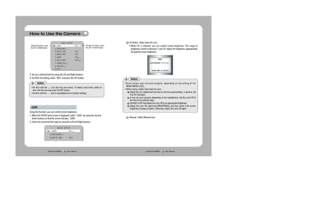 Sony 560TVL user manual Using this function, you can control screen brightness, DC/Video Select Auto Iris Lens 