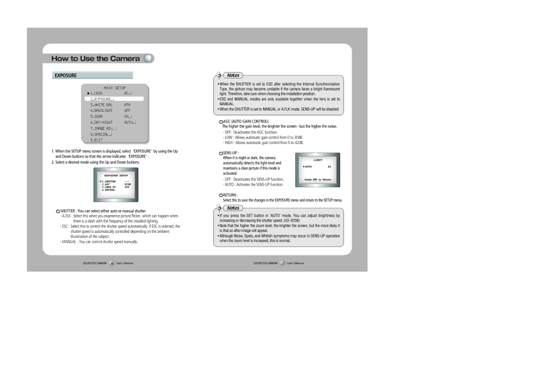 Sony 560TVL user manual Exposure, Manual You can control shutter speed manually 