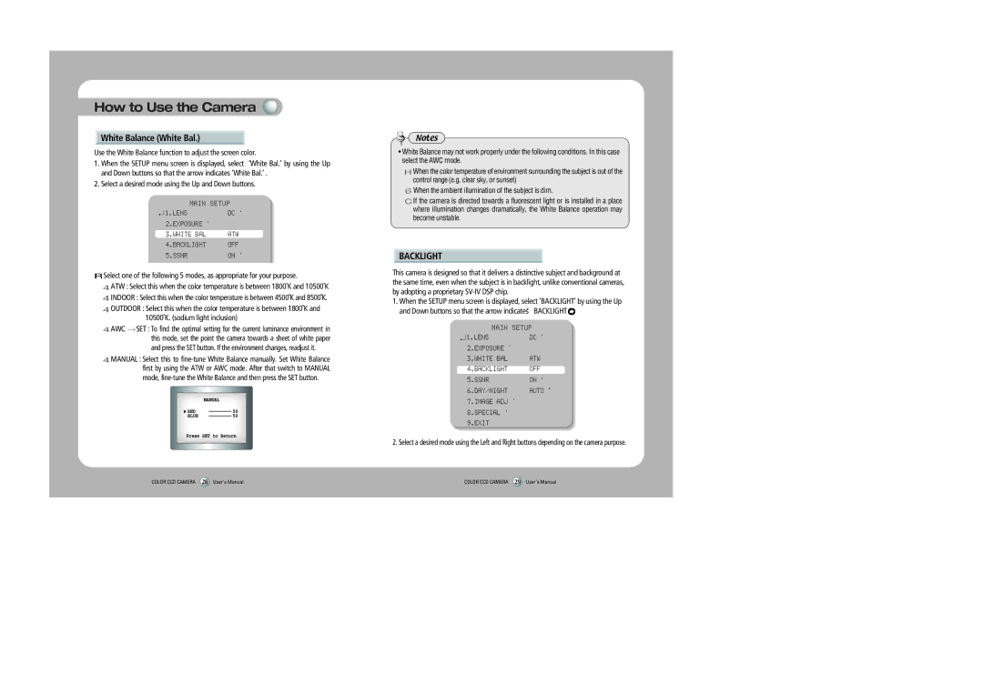 Sony 560TVL user manual White Balance White Bal, Backlight, Use the White Balance function to adjust the screen color 