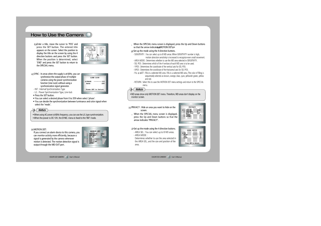 Sony 560TVL user manual Motion DET, Privacy Hide an area you want to hide on the screen 