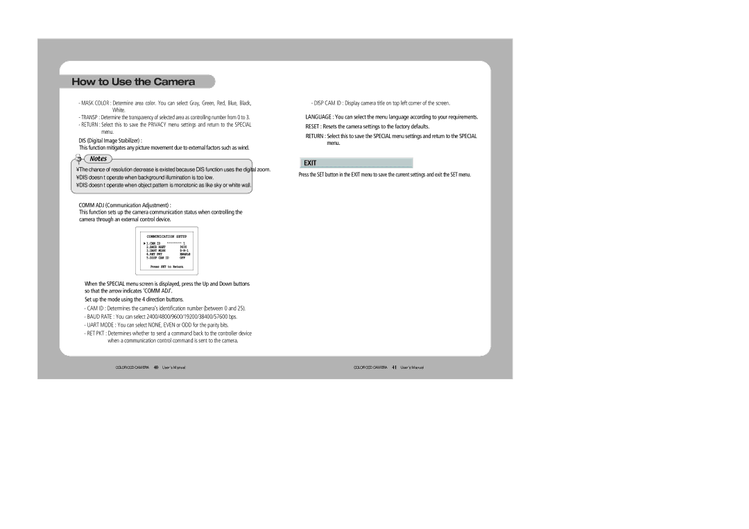 Sony 560TVL user manual Exit, Comm ADJ Communication Adjustment 