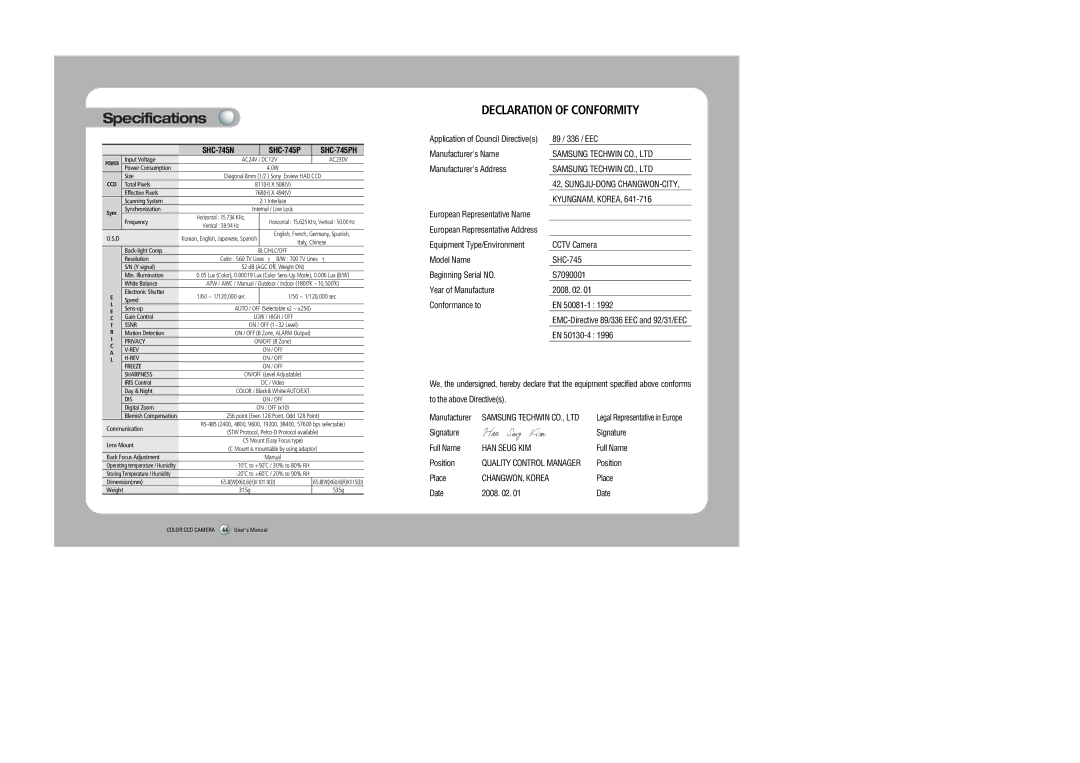 Sony 560TVL user manual Specifications, SHC-745PH 