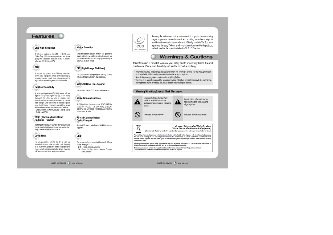 Sony 560TVL user manual Features 