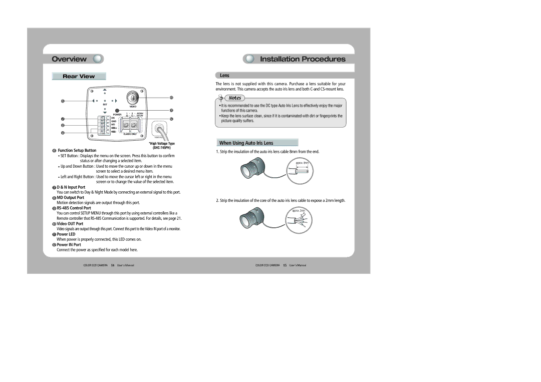 Sony 560TVL user manual Installation Procedures, Rear View, When Using Auto Iris Lens 