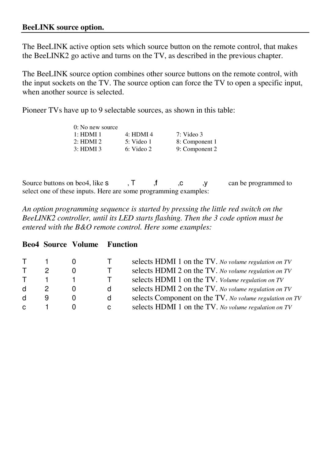 Sony 6124 manual BeeLINK source option, Beo4 Source Volume Function, SelectsTHDMI 1 on the TV. Volume regulation on TV 