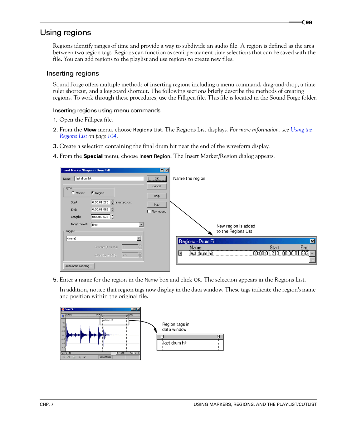 Sony 7 manual Using regions, Inserting regions 