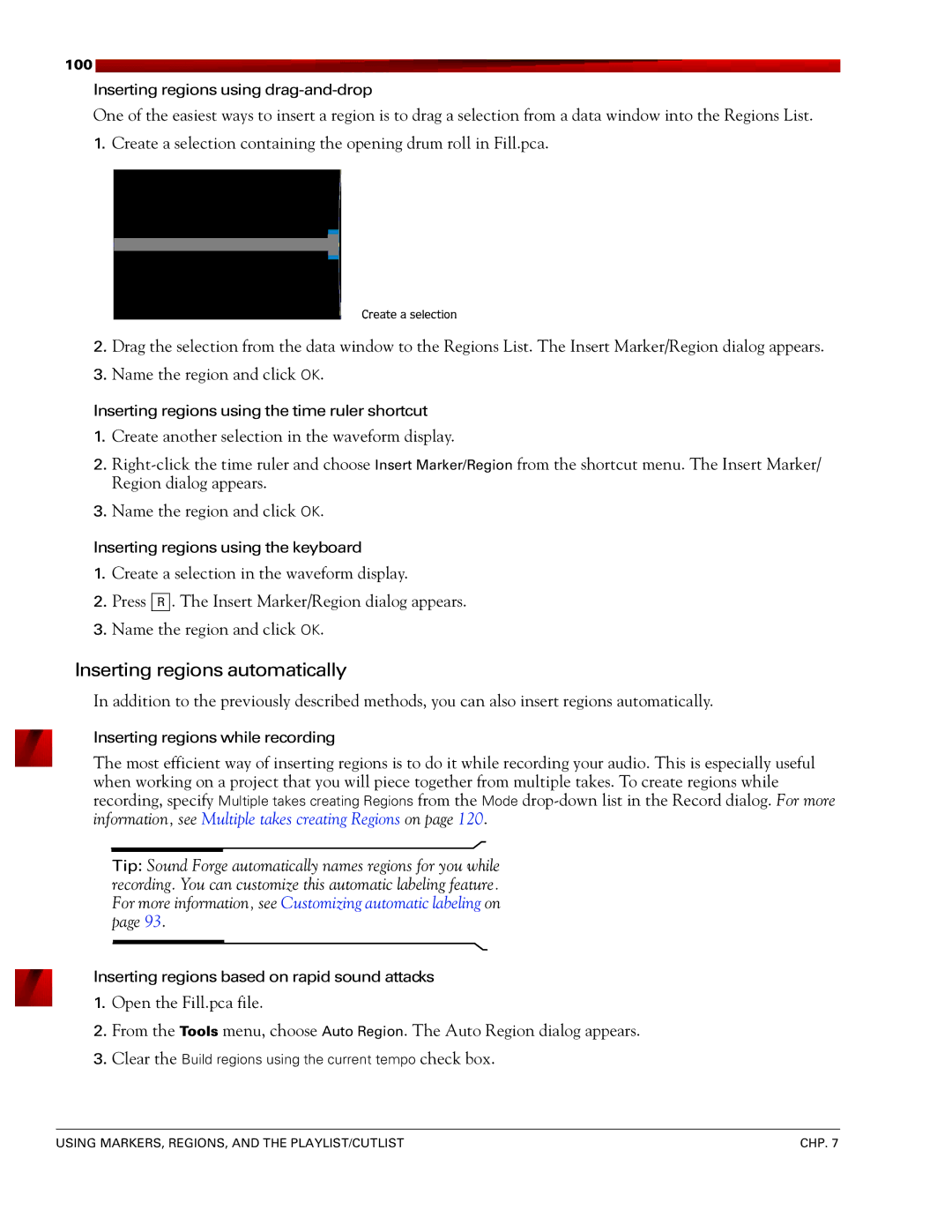 Sony 7 manual Inserting regions automatically 