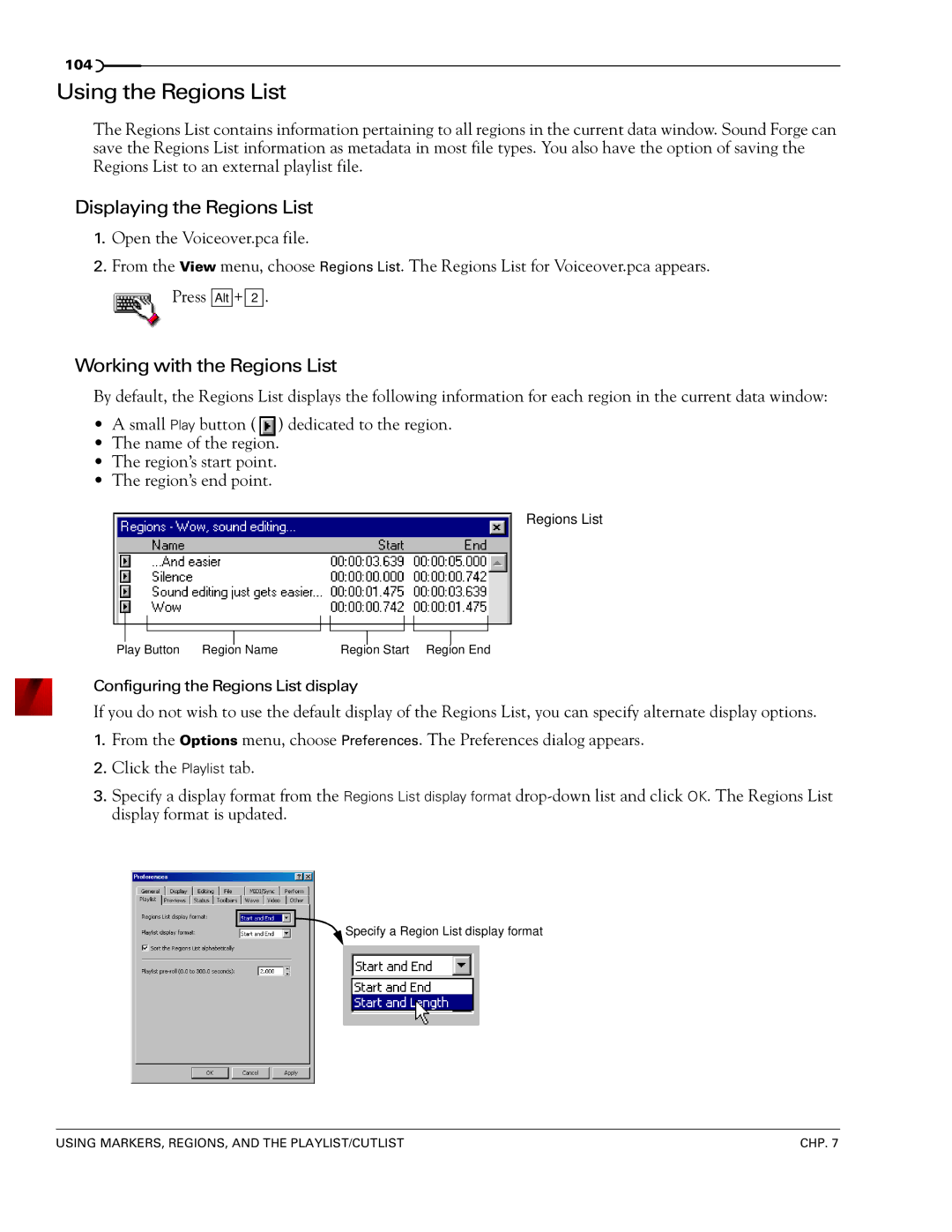 Sony 7 manual Using the Regions List, Displaying the Regions List, Working with the Regions List 