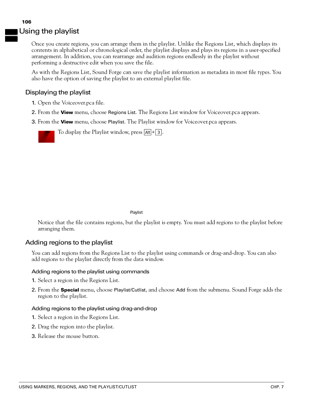Sony 7 manual Using the playlist, Displaying the playlist, Adding regions to the playlist 