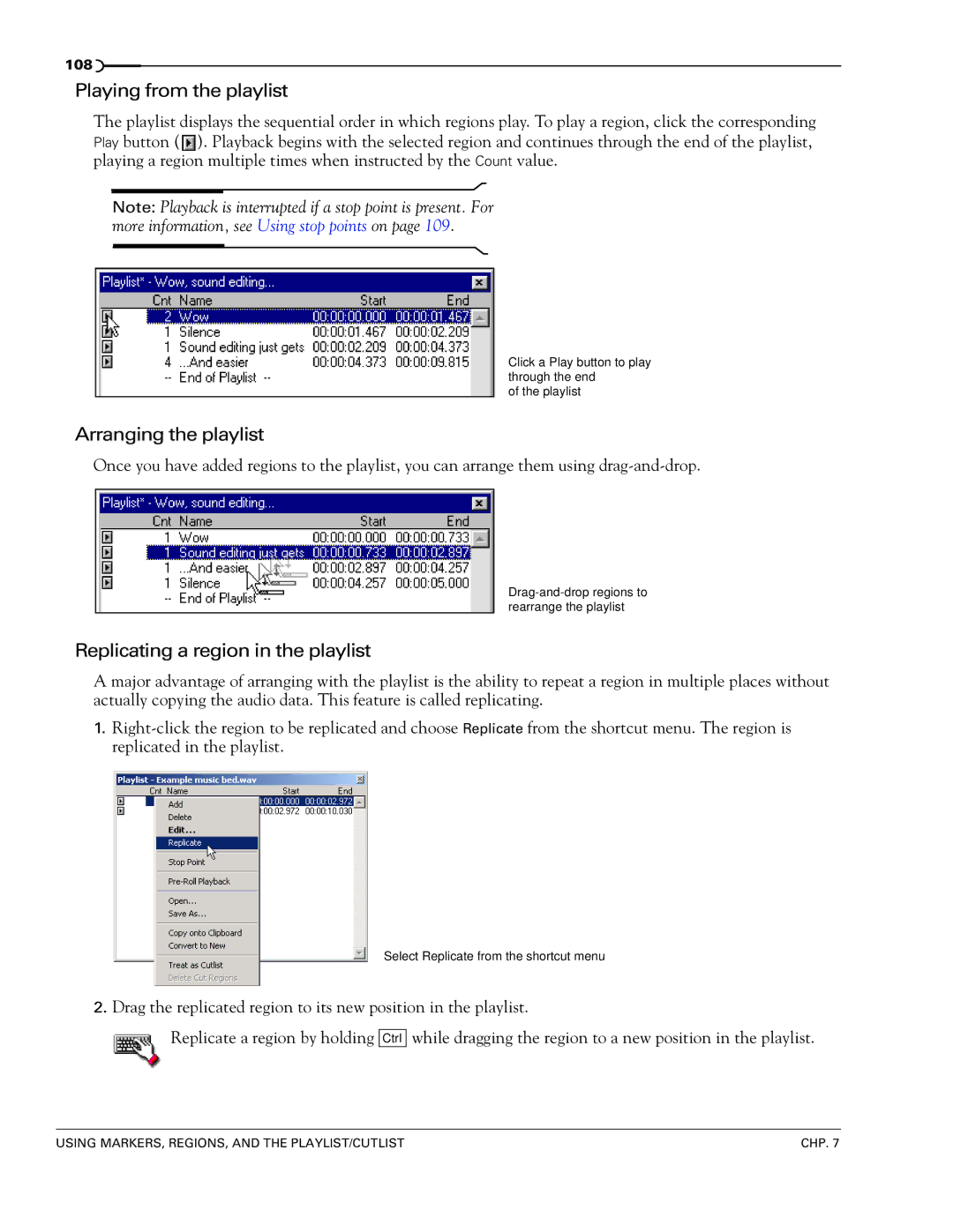 Sony 7 manual Playing from the playlist, Arranging the playlist, Replicating a region in the playlist 