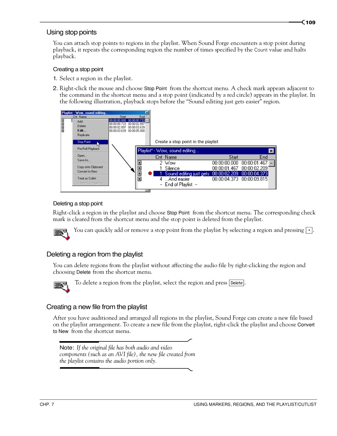 Sony 7 manual Using stop points, Deleting a region from the playlist, Creating a new file from the playlist 