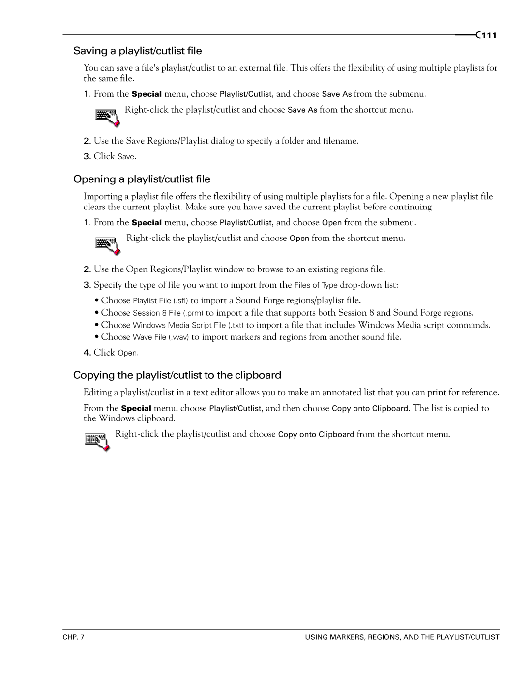 Sony 7 Saving a playlist/cutlist file, Opening a playlist/cutlist file, Copying the playlist/cutlist to the clipboard 