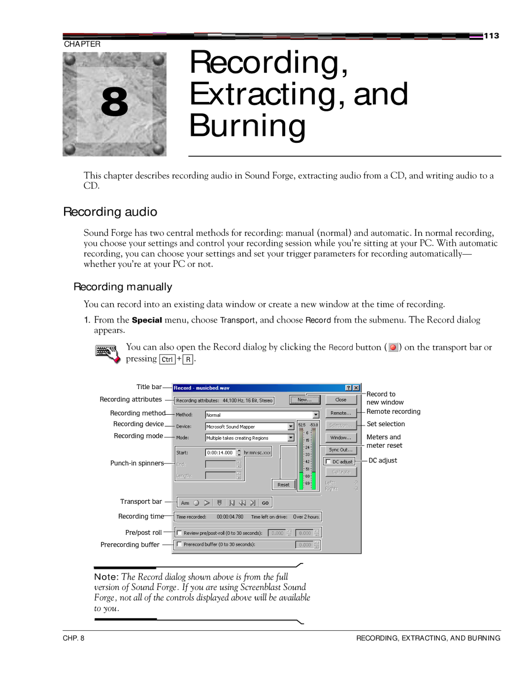 Sony 7 Recording Extracting, Burning, Recording audio, Recording manually 