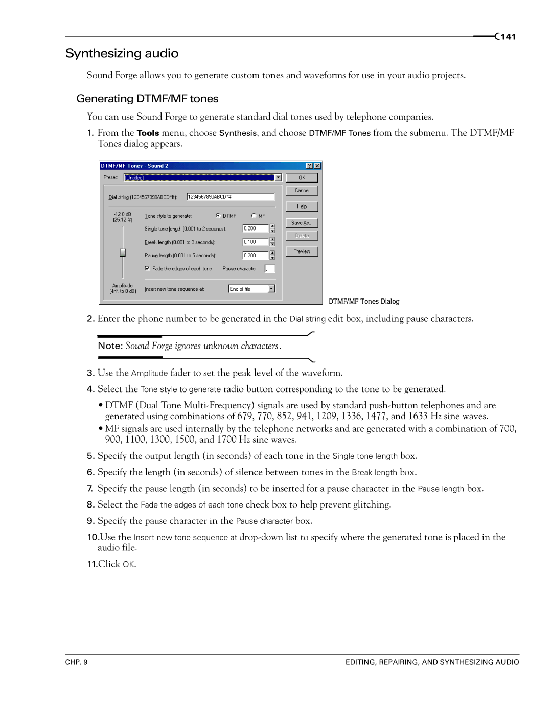 Sony 7 manual Synthesizing audio, Generating DTMF/MF tones 